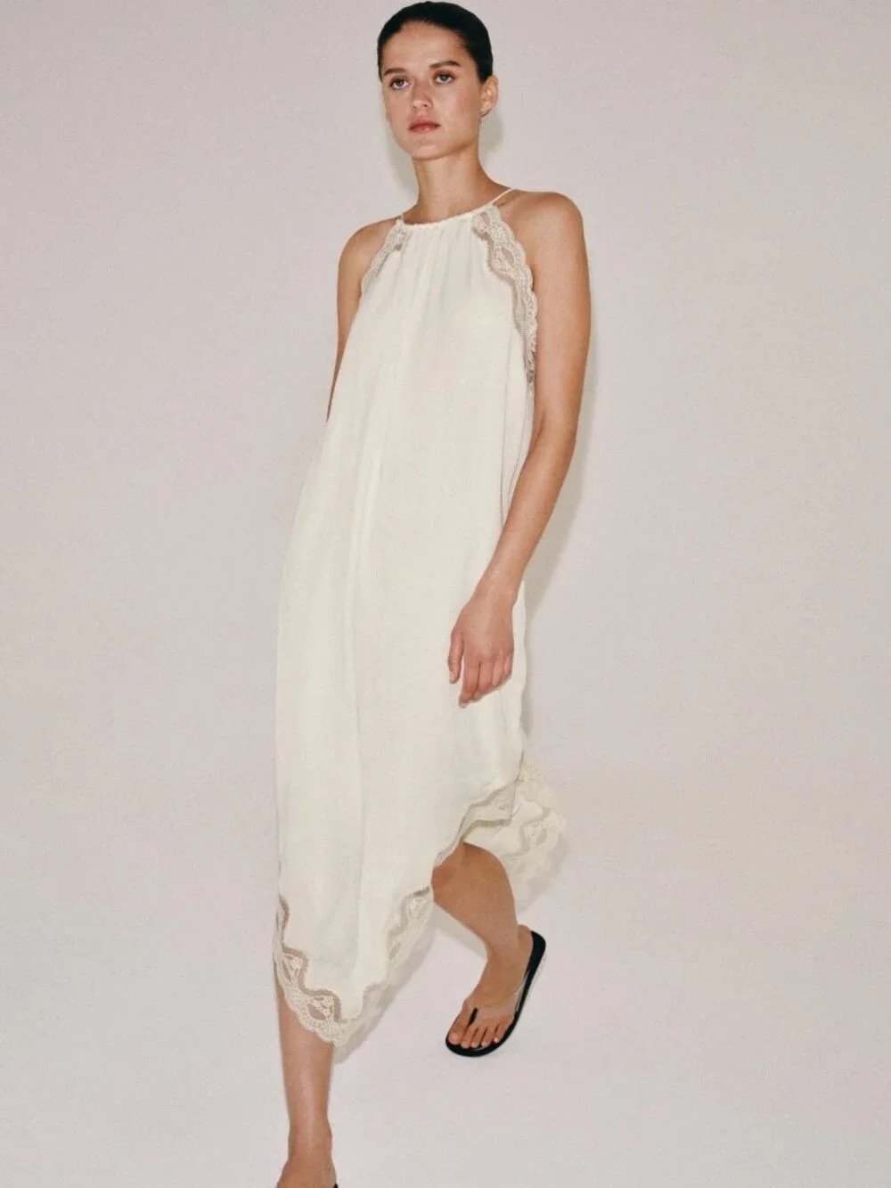 Zara Ivory Lace-Trim Halter Midi Dress